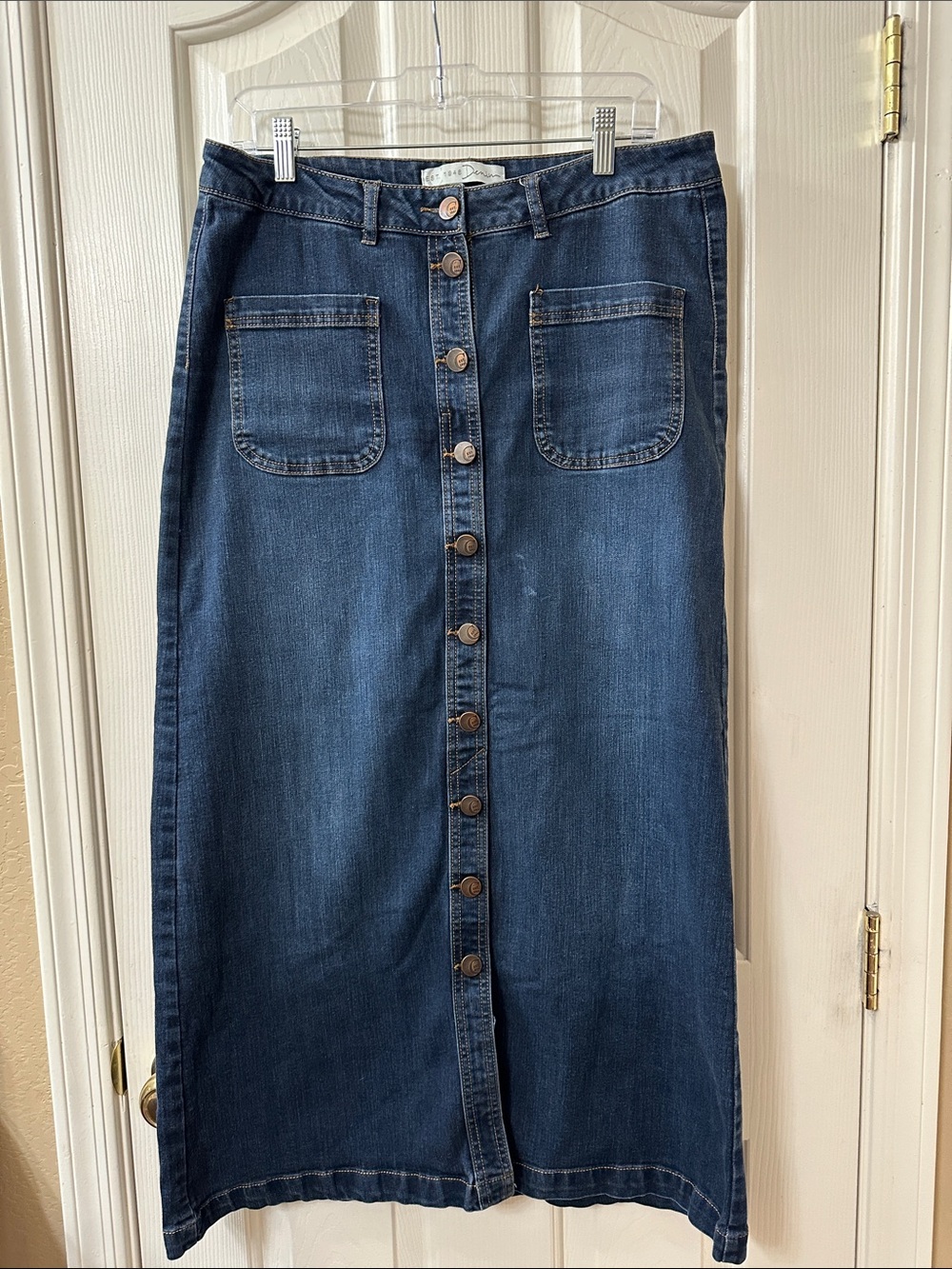 Button-Front Dark Blue Denim Maxi Skirt